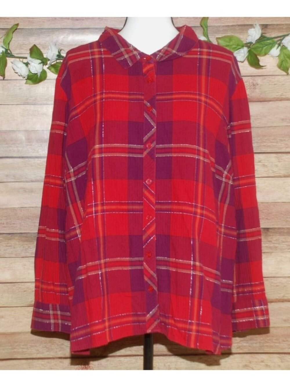 Catherines Red Plaid Plus 2XWP Petite Button Front Shirt Metallic Thread Classic